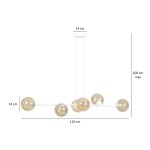 Lampa wisząca Rossi 6-punktowa w kolorze białym z bursztynowymi kloszami. Wymiary: długość 110 cm, wysokość max 100 cm, średnica kloszy 14 cm. Klosze są szklane, o okrągłym kształcie, zawieszone na białym stelażu.