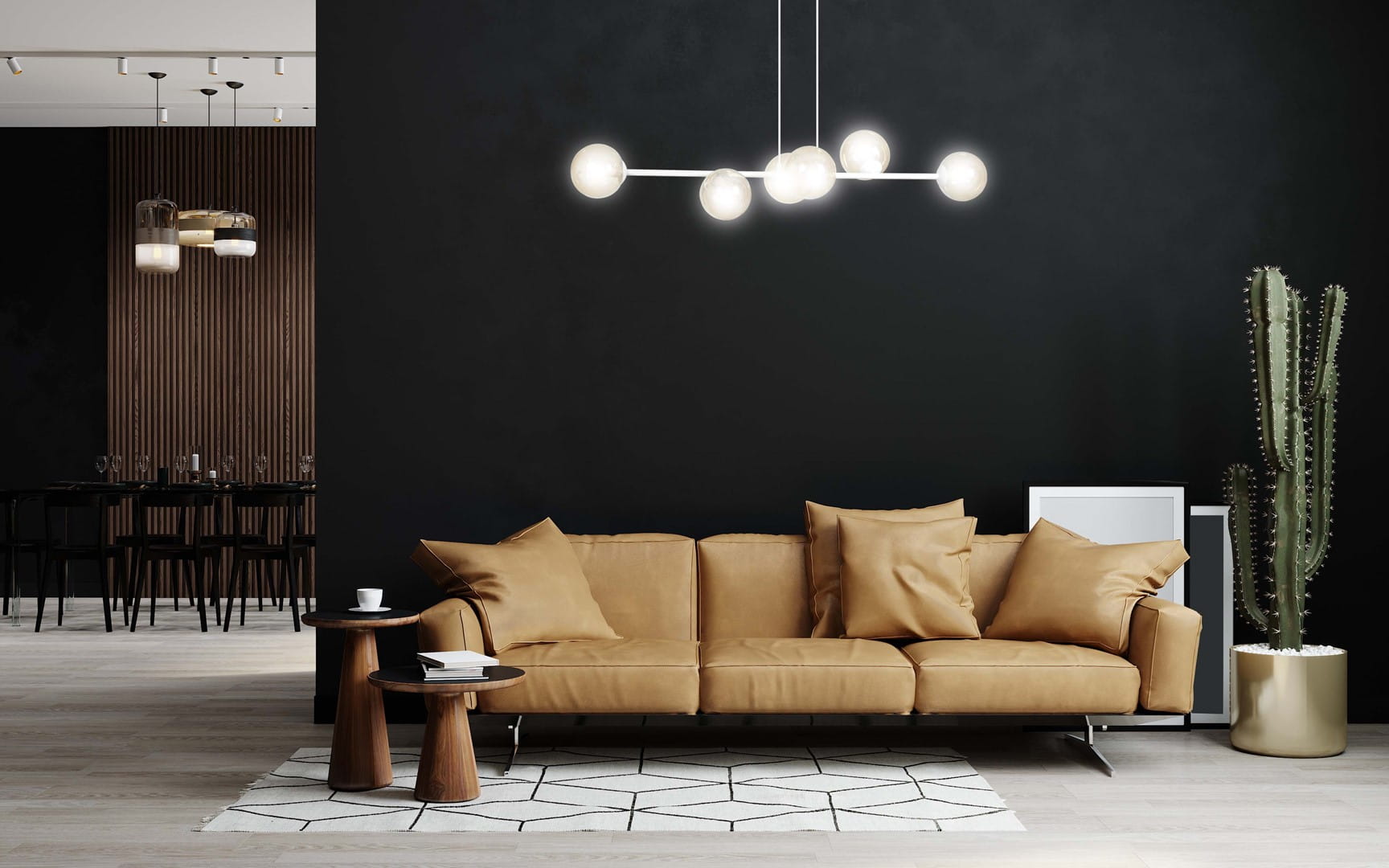 Lampa wisząca Rossi, 6-punktowa, w białej konstrukcji z bursztynowymi kloszami. Zawieszona na cienkich linkach, w stylowym wnętrzu z brązową sofą i roślinnością. Klosze w formie półkul, oświetlają przestrzeń, tworząc nowoczesny design.