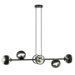 Lampa wisząca Rossi 6-punktowa w kolorze czarnym z przezroczystymi kloszami. Produkt ma prostą, nowoczesną formę z sześcioma kulistymi źródłami światła umieszczonymi na poziomej rurze. Wisi na dwóch przewodach z okrągłym mocowaniem sufitowym.