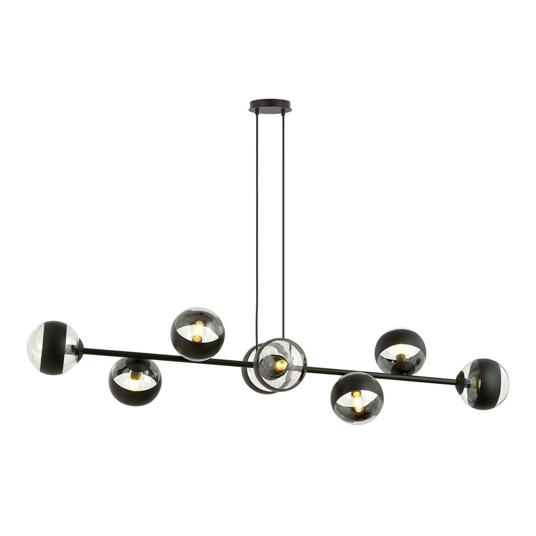 Lampa wisząca Rossi, 8-punktowa, czarna, z okrągłymi kloszami w przezroczystym kolorze, zawieszona na cienkich linkach. Klosze umieszczone na metalowej ramie w formie prostokątnej. Wysoka jakość wykonania, nowoczesny design.