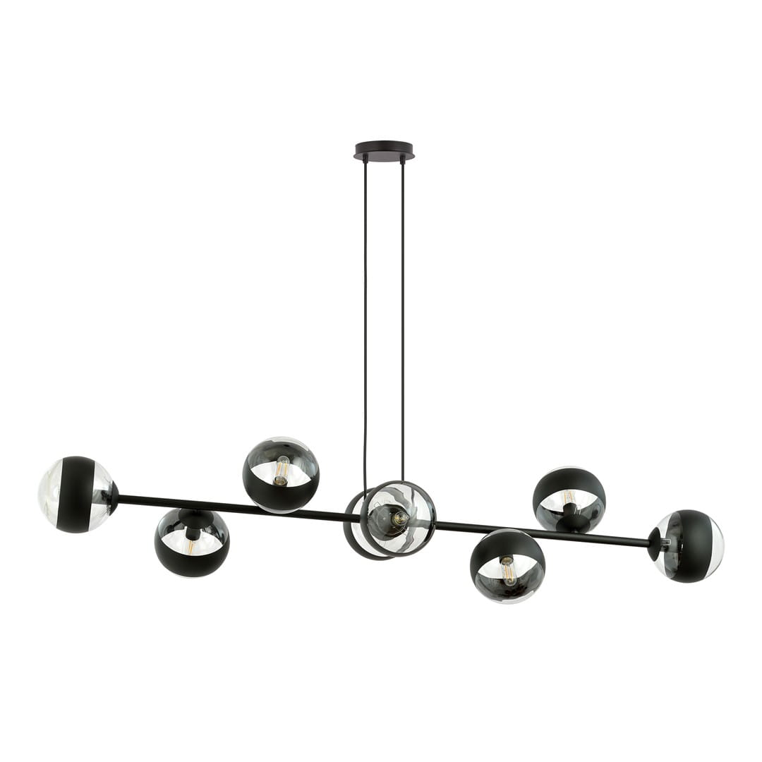 Lampa wisząca Rossi 8-punktowa w kolorze czarnym z przezroczystymi kloszami. Produkt zawiera osiem punktów świetlnych rozmieszczonych na długim ramieniu. Ujęcie z dołu, pokazujące stylowy, nowoczesny design oraz detale konstrukcji.