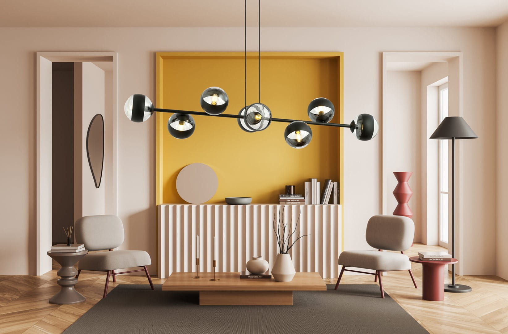 Lampa wisząca Rossi 8-punktowa w kolorze czarnym, z okrągłymi kloszami z przezroczystego materiału, zawieszona poziomo nad drewnianym stolikiem. Tło w odcieniu żółtym, nowoczesne wnętrze z meblami w stonowanych kolorach.