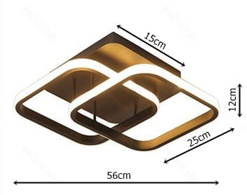 Lampa sufitowa Duore w kolorze czarnym, z dwoma źródłami światła LED o mocy 68W. Kształt geometryczny, wymiary 56x56cm, wysokość 12cm, z pilotem i funkcją Bluetooth. Ułożenie płaskie, z nowoczesnym designem.