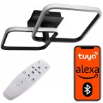 Lampa sufitowa Duore w kolorze czarnym z pilotem. Posiada dwa źródła LED o mocy 68W, obsługiwane przez Bluetooth. Konstrukcja z metalowymi ramami w kształcie prostokątów, montowana sufitowo, z możliwością sterowania z aplikacji na smartfonie.
