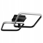 Lampa sufitowa Duore w kolorze czarnym, z dwoma prostokątnymi ramkami w białym kolorze. Ujęcie z boku, montowana do sufitu. Posiada wbudowane oświetlenie LED 68W oraz funkcję Bluetooth z pilotem.