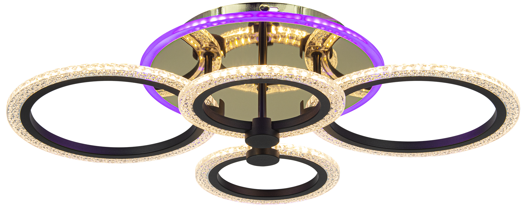 Lampa sufitowa Ring z pilotem, czterema źródłami LED, w złotej i czarnej kolorystyce. Okrągłe pierścienie z przezroczystymi zdobieniami oraz podświetleniem LED w kolorze fioletowym. Ujęcie z dołu, ukazujące detale konstrukcji.