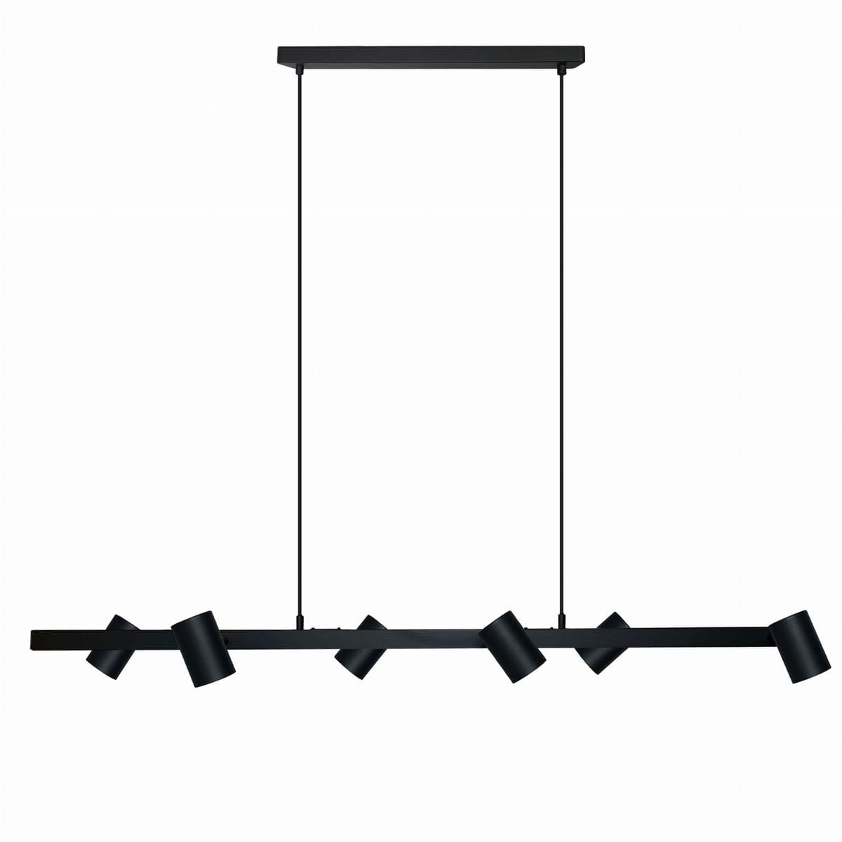 Lampa wisząca Snow w kolorze czarnym, z sześcioma oprawami GU10. Posiada prostokątny, metalowy stelaż z długimi zwisami i cylindrycznymi kloszami. Ujęcie z przodu, zawieszona na dwóch linkach, idealna do nowoczesnych wnętrz.