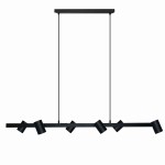 Lampa wisząca Snow w kolorze czarnym, z sześcioma oprawami GU10. Posiada prostokątny, metalowy stelaż z długimi zwisami i cylindrycznymi kloszami. Ujęcie z przodu, zawieszona na dwóch linkach, idealna do nowoczesnych wnętrz.