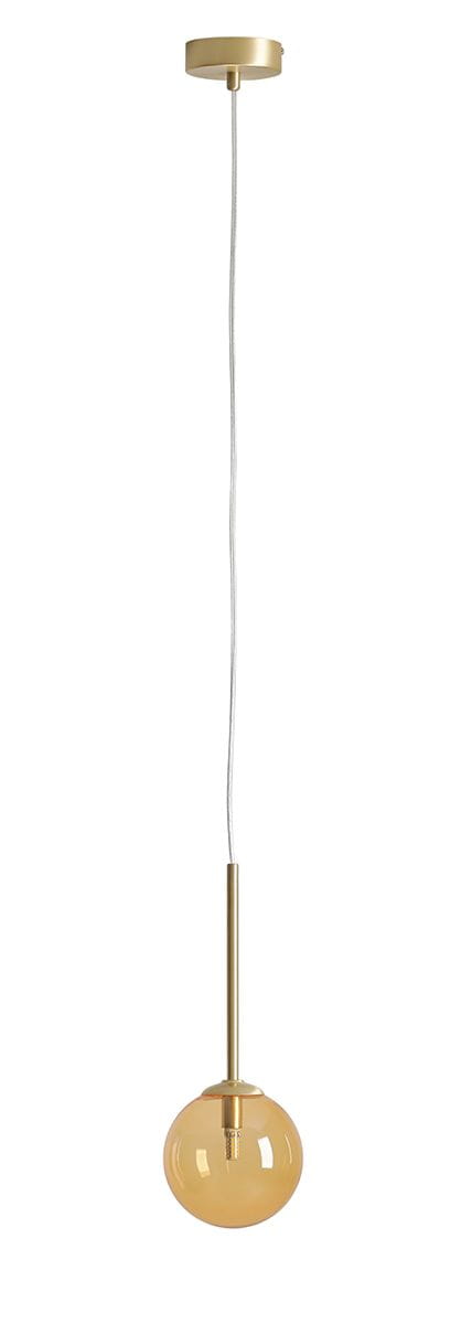 Lampa wisząca Bosso D14 z mosiężnym wykończeniem, zawieszona na cienkim, białym kablu. Okrągła, pomarańczowa kula szklana na dole, tworząca elegancki element dekoracyjny. Idealna do nowoczesnych wnętrz.