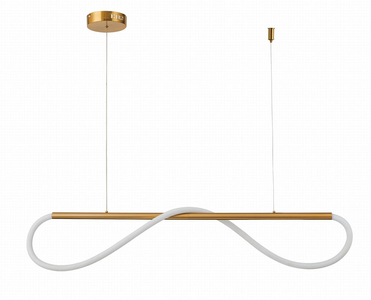 Lampa wisząca Meleca LP-2345/1P S GD CCT w kolorze złotym z białym elementem w kształcie nieskończoności. Ujęcie frontalne, zawieszona na cienkim kablu. Wyposażona w 1xLED o mocy 24W, oferuje regulację temperatury barwowej (CCT).