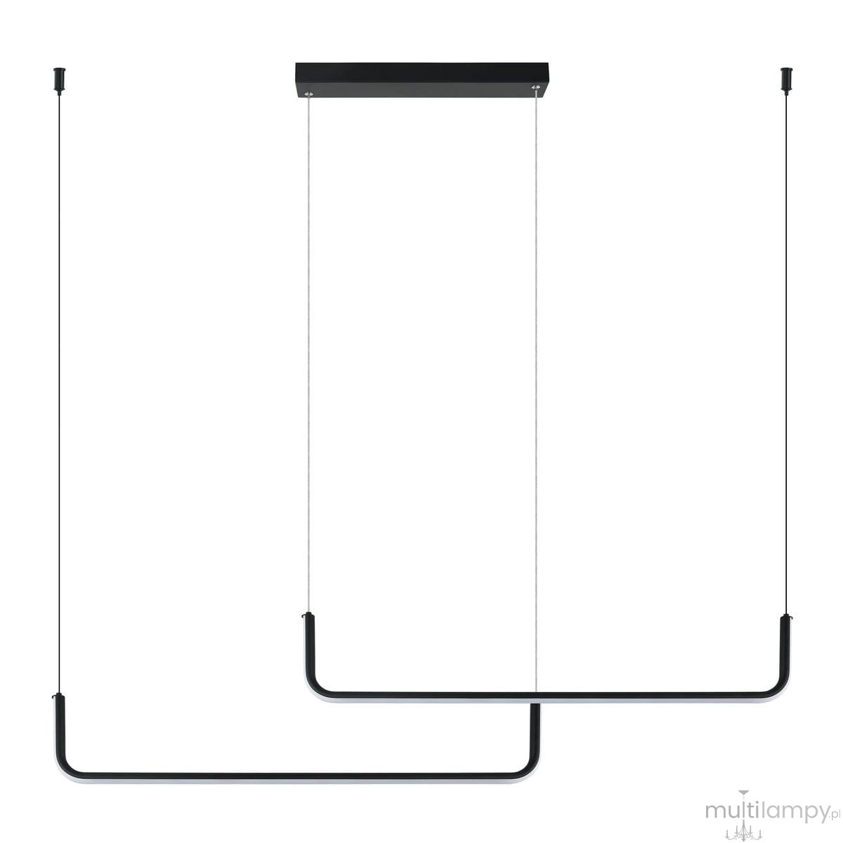 Lampa wisząca Malawi w kolorze czarnym, z dwoma prostokątnymi ramionami LED o mocy 40W. Zawieszona na cienkich linkach, z płaskim, prostokątnym mocowaniem sufitowym. Idealna do nowoczesnych wnętrz.