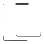 Lampa wisząca Malawi w kolorze czarnym, z dwoma prostokątnymi ramionami LED o mocy 40W. Zawieszona na cienkich linkach, z płaskim, prostokątnym mocowaniem sufitowym. Idealna do nowoczesnych wnętrz.