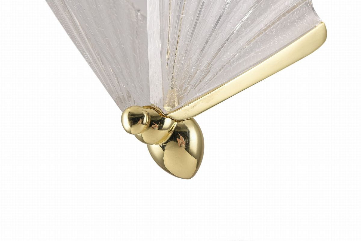 Lampa wisząca Mariposa w kolorze złotym z detalem w kształcie liścia. Posiada przezroczystą klosz z teksturowanym wykończeniem. Widok z boku, ukazujący mocowanie i eleganckie wykończenie. Idealna do nowoczesnych wnętrz.