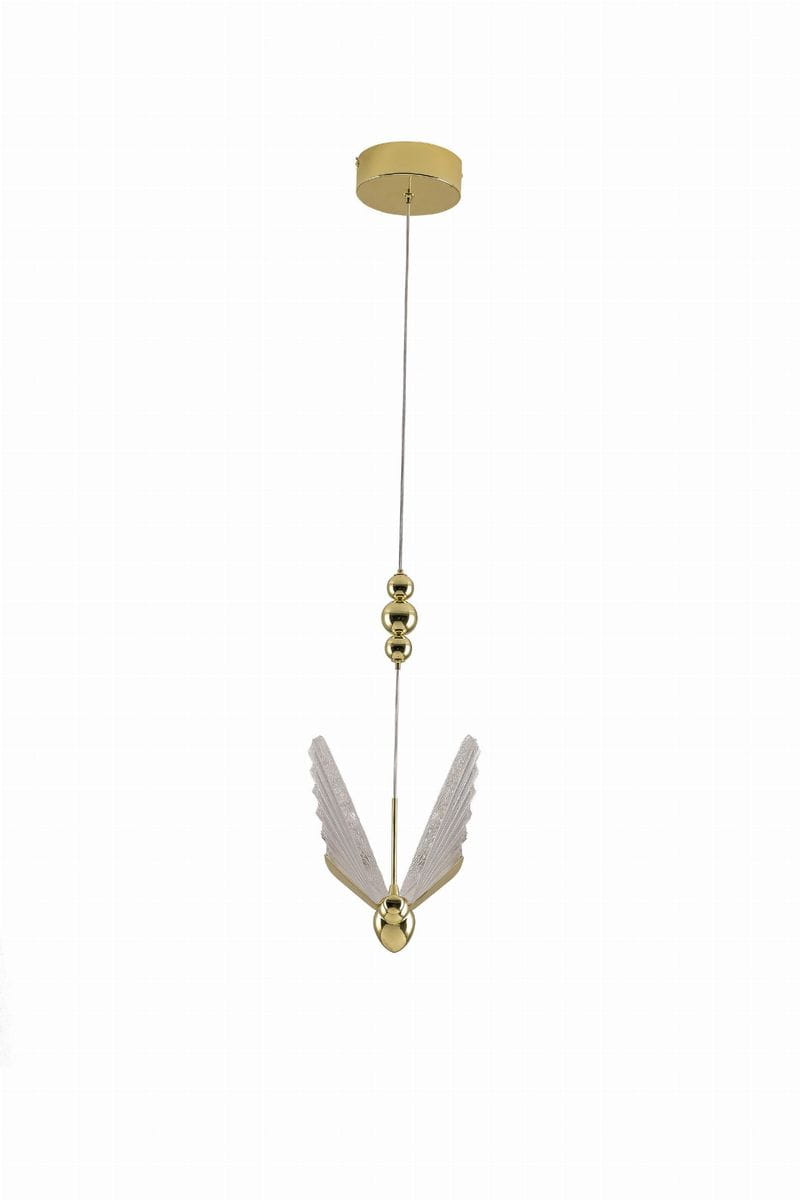 Lampa wisząca Mariposa 1xLED/8W w złotym wykończeniu, z przezroczystymi, teksturowanymi skrzydłami. Zawieszona na długim, metalowym przewodzie z ozdobnym elementem w kształcie kuli, w ujęciu frontalnym. Idealna do nowoczesnych wnętrz.