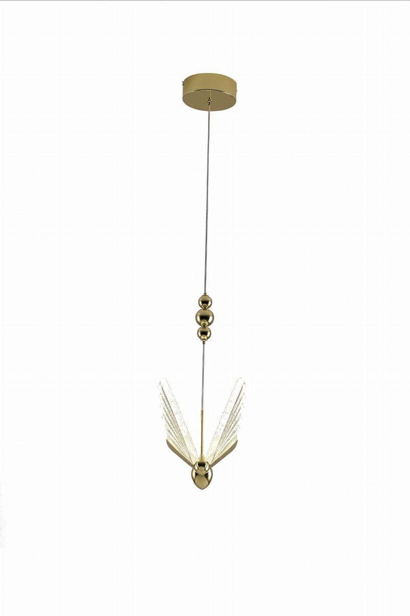 Lampa wisząca Mariposa 1xLED/8W w kolorze złotym, z długim przewodem. Posiada dekoracyjne skrzydła w kształcie motyla oraz kuliste elementy, zawieszona na okrągłym, metalowym stropie. Idealna do nowoczesnych wnętrz.