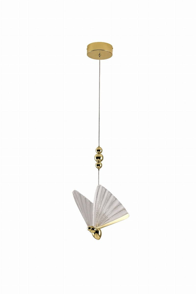 Lampa wisząca Mariposa 1xLED/8W w kolorze złotym. Posiada klosz w kształcie rozłożonego motyla z delikatnym, teksturowanym wykończeniem. Zawieszona na cienkim, metalowym kablu, z ozdobnymi elementami w postaci złotych kulek.