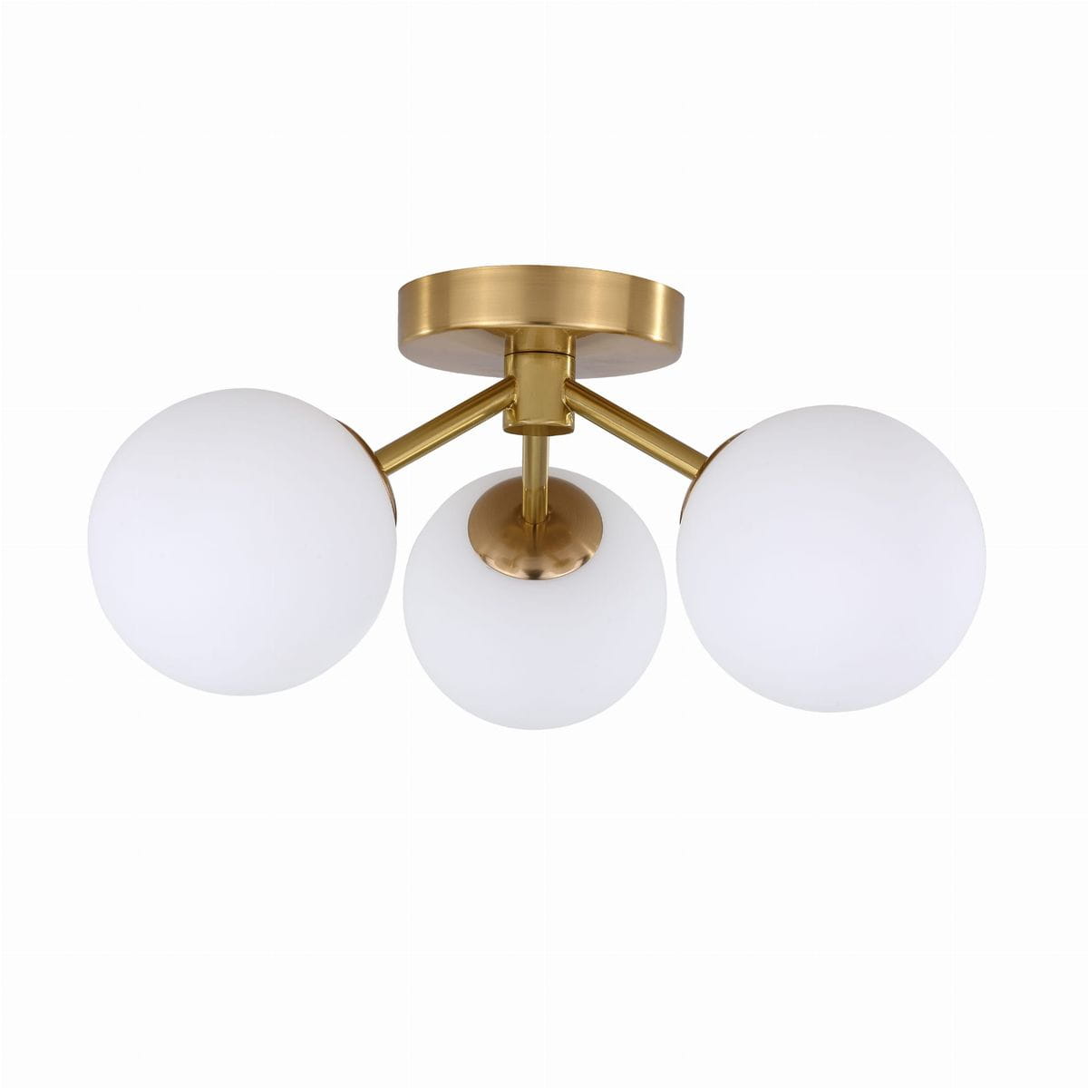 Lampa sufitowa Dorado z trzema oprawami G9 w złotym wykończeniu. Składa się z trzech białych, okrągłych kloszy z matowego szkła, zamontowanych na metalowej ramie. Ujęcie frontalne, lampa umieszczona na prostokątnej podstawie.