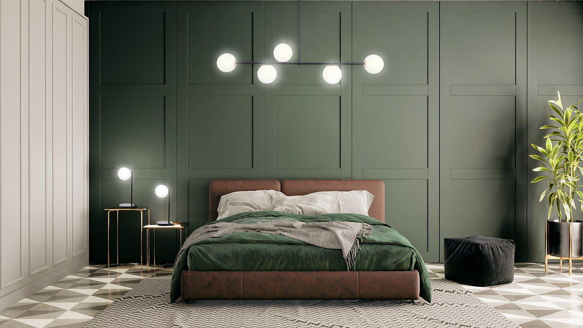 Czarna lampa wisząca Gama z pięcioma okrągłymi kloszami, zawieszona nad łóżkiem w nowoczesnej sypialni. W tle zielona ściana i jasne podłogi w geometryczne wzory. Lampa ma minimalistyczny design, pasując do eleganckiego wystroju wnętrza.