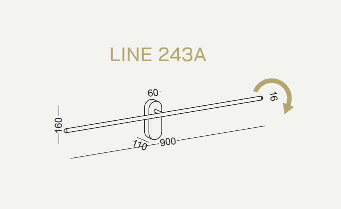 Kinkiet LED Line 243A o mocy 10W w kolorze czarnym. Prosty, prostokątny kształt, montowany na ścianie. Wymiary: długość 900 mm, wysokość 160 mm, głębokość 16 mm. Możliwość regulacji kąta nachylenia do 60 stopni.
