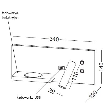 Kinkiet Hotels 417P w kolorze czarnym z dwoma źródłami światła LED 7W. Posiada port USB oraz ładowarkę indukcyjną. Układ z boku, widać wymiary: 340 mm szerokości, 140 mm wysokości, 120 mm głębokości.