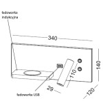 Kinkiet Hotels 417P w kolorze czarnym z dwoma źródłami światła LED 7W. Posiada port USB oraz ładowarkę indukcyjną. Układ z boku, widać wymiary: 340 mm szerokości, 140 mm wysokości, 120 mm głębokości.