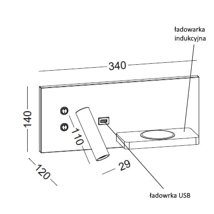 Kinkiet Hotels 417L w kolorze białym, z dwoma źródłami światła LED 7W. Posiada port USB oraz ładowarkę indukcyjną. Widok z boku, z wymiarami: długość 340 mm, wysokość 140 mm, szerokość 120 mm, grubość 29 mm.