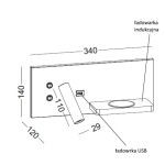 Kinkiet Hotels 417P w kolorze czarnym, wyposażony w dwa źródła LED 7W, z portem USB i ładowarką indukcyjną. Widok z boku z wymiarami: szerokość 340 mm, wysokość 140 mm, głębokość 120 mm, detal ładowarki USB i indukcyjnej.