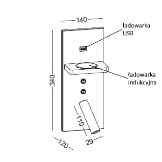 Kinkiet Hotels 417H w kolorze białym z dwoma źródłami światła LED 7W. Posiada port USB oraz ładowarkę indukcyjną. Ujęcie pokazuje wymiary: 340 mm wysokości, 140 mm szerokości, 120 mm głębokości, z detalami ładowarki na górze.
