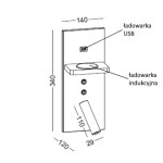 Kinkiet Hotels 417H w kolorze czarnym z dwoma diodami LED 7W. Posiada port USB oraz ładowarkę indukcyjną. Wymiary: 340 mm wysokości, 140 mm szerokości, 120 mm głębokości. Elementy montażowe widoczne z boku.