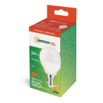 Żarówka LED kulka E14, 6W, ciepła biała (3000K). Kształt okrągły, biała obudowa, mocowanie E14. Widoczna etykieta z informacjami o mocy, strumieniu świetlnym (520 lm) oraz napięciu (230V). Opakowanie w zielono-czerwonym kolorze z logo Spectrum LED.