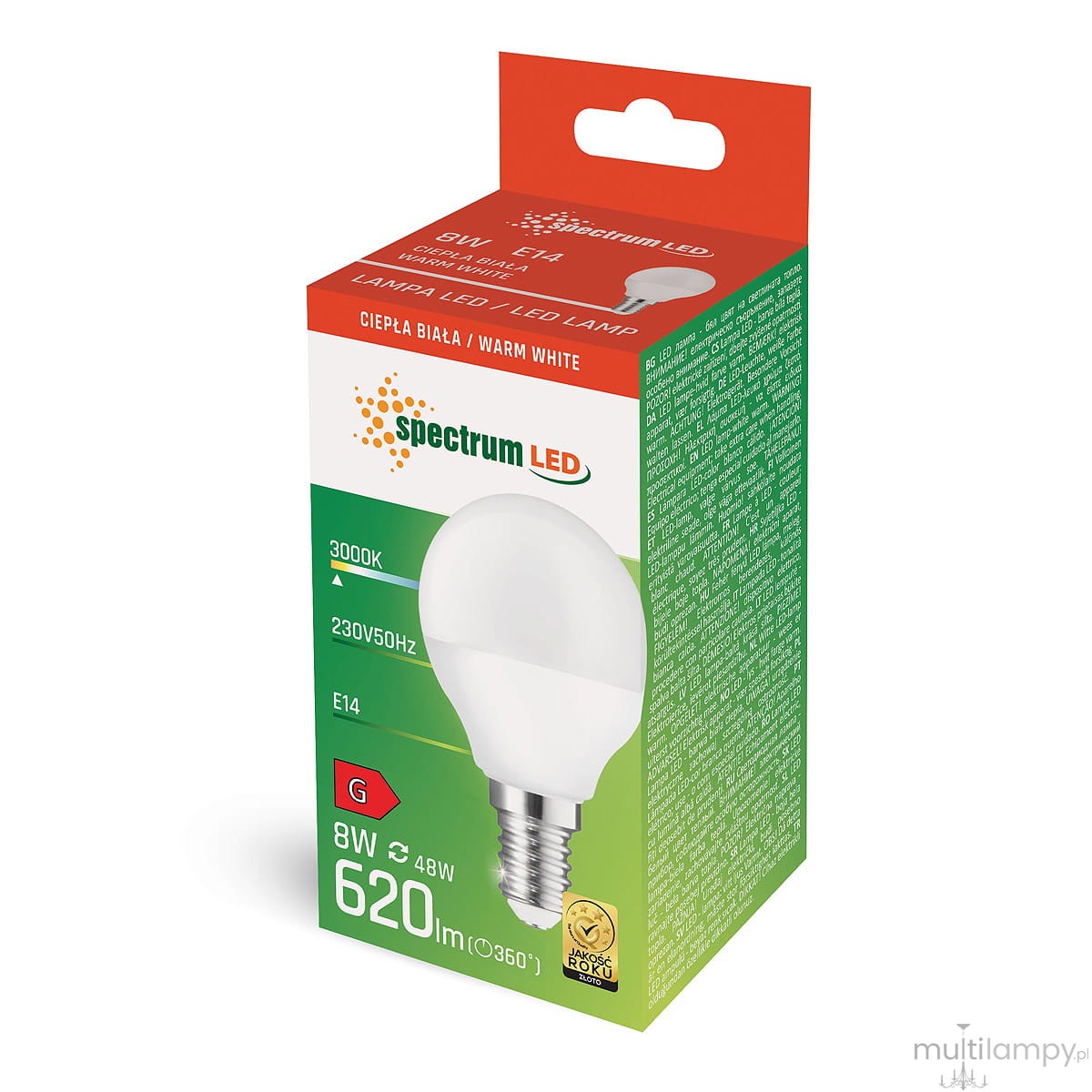 Żarówka LED kulka E14 o mocy 8W, emitująca ciepłe białe światło (3000K). Wykończenie matowe, kształt okrągły. Widoczna etykieta z informacjami o wydajności (620 lm) i parametrach technicznych. Opakowanie w kolorze zielonym i pomarańczowym.