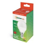 Żarówka LED kulka E14 o mocy 8W, emitująca ciepłe białe światło (3000K). Wykończenie matowe, kształt okrągły. Widoczna etykieta z informacjami o wydajności (620 lm) i parametrach technicznych. Opakowanie w kolorze zielonym i pomarańczowym.