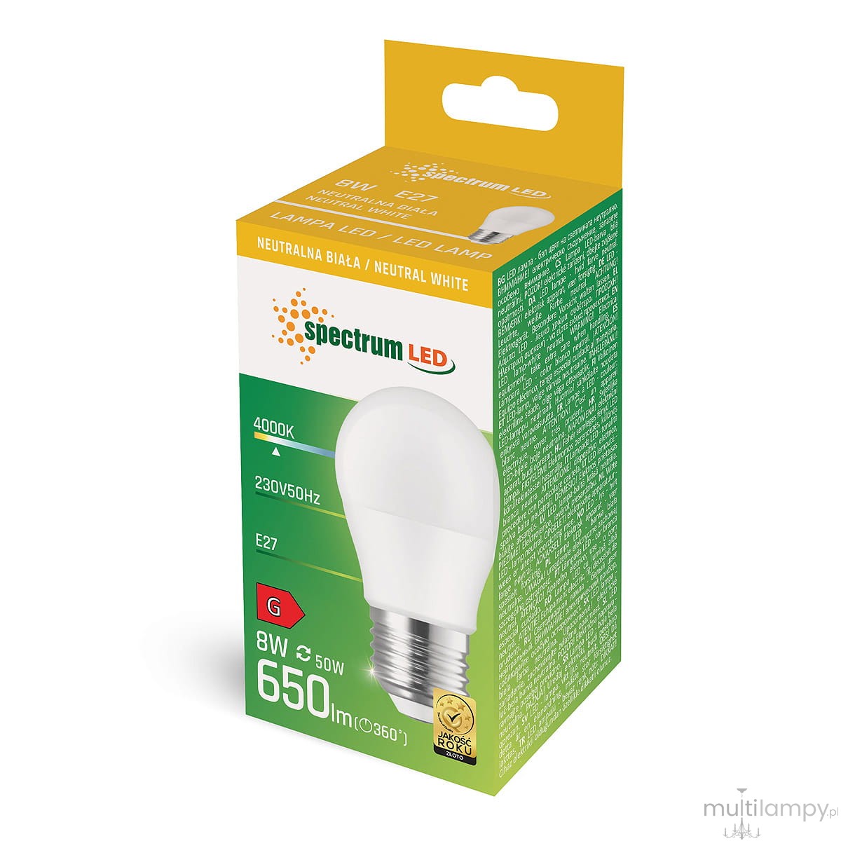 Żarówka LED E27 o mocy 8W, emitująca neutralne białe światło 4000K. Kulisty kształt, opakowanie kartonowe z informacjami technicznymi oraz logo marki Spectrum LED, widoczna etykieta energetyczna.