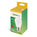 Żarówka LED E27 o mocy 8W, emitująca neutralne białe światło 4000K. Kulisty kształt, opakowanie kartonowe z informacjami technicznymi oraz logo marki Spectrum LED, widoczna etykieta energetyczna.