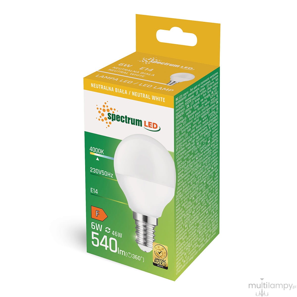 Żarówka LED E14 o mocy 6W i neutralnej białej barwie (4000K), umieszczona w kolorowym opakowaniu. Widoczny gwint E14, informacja o jasności 540 lm oraz logo producenta Spectrum LED. Opakowanie z boku z instrukcjami użytkowania.
