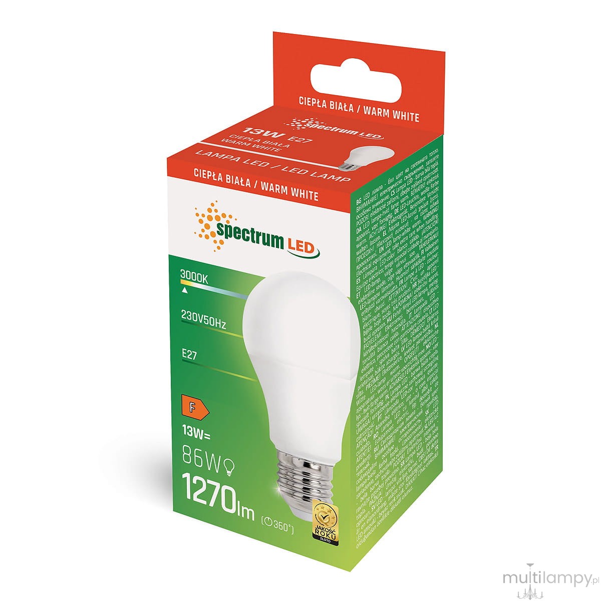 Żarówka LED GLS E27 o mocy 13W, emitująca ciepłe białe światło (3000K). Na opakowaniu widoczny jest obrazek żarówki oraz szczegóły techniczne, takie jak moc, strumień świetlny (1270 lumenów) i typ gwintu (E27).
