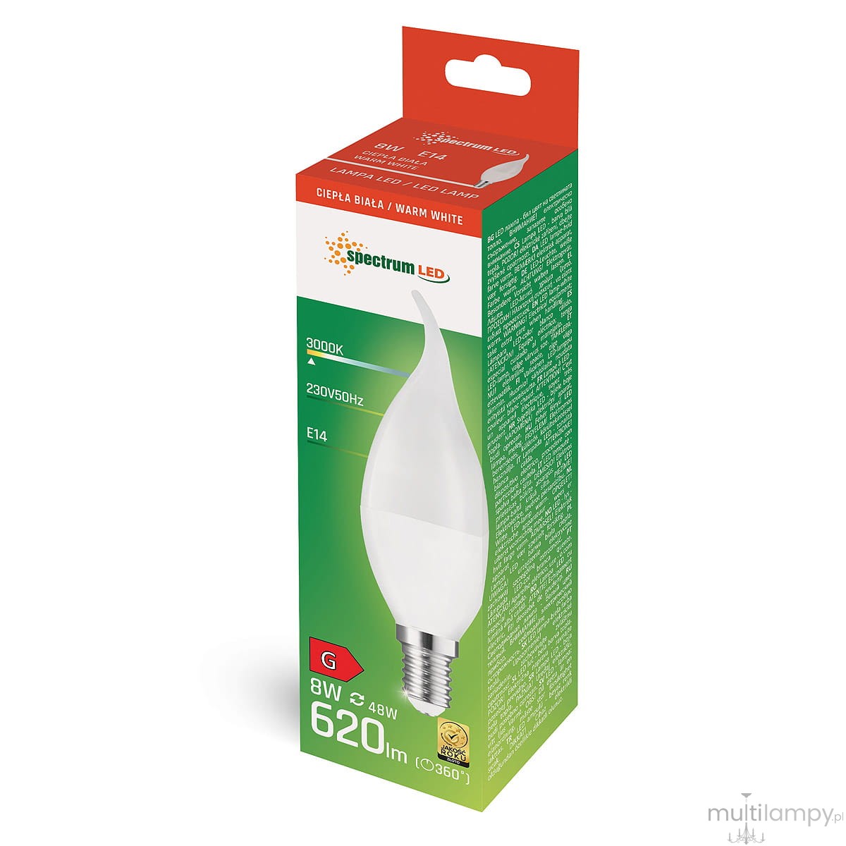 Żarówka LED w kształcie świeczki E14, moc 8W, emituje ciepłe białe światło (3000K). Biała obudowa z przezroczystym końcem, umieszczona w zielonym opakowaniu z informacjami technicznymi, widoczna z przodu.