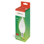Żarówka LED w kształcie świeczki E14, moc 8W, emituje ciepłe białe światło (3000K). Biała obudowa z przezroczystym końcem, umieszczona w zielonym opakowaniu z informacjami technicznymi, widoczna z przodu.