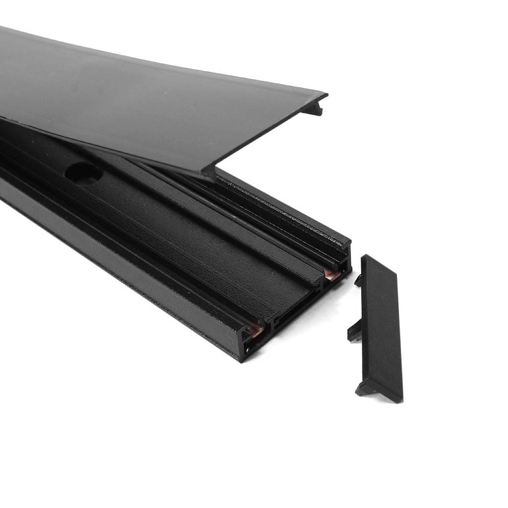 Czarna szyna magnetyczna SLIM natynkowa o długości 150 cm, widoczne dwa elementy: główny profil z otworami montażowymi oraz dodatkowy, mniejszy fragment. Produkt ma prostokątny kształt, matową powierzchnię i minimalistyczny design.