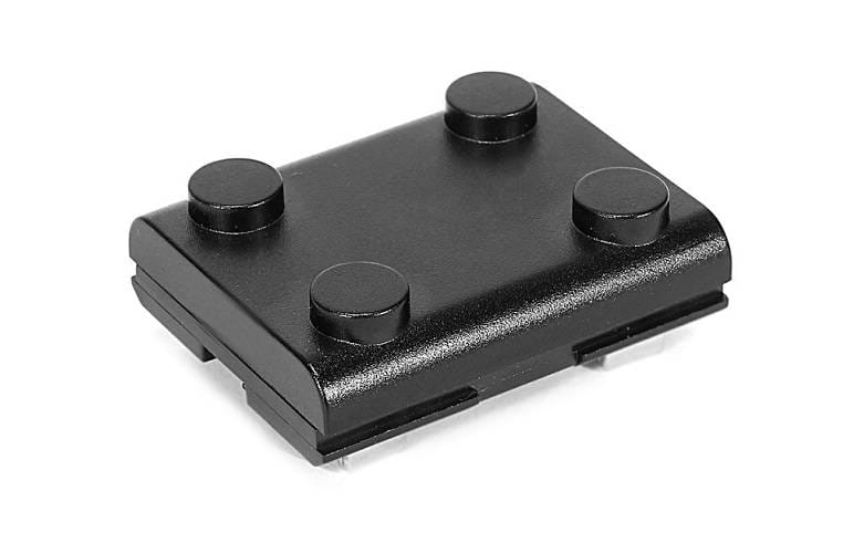 Łącznik prosty do szyn magnetycznych SLIM w kolorze czarnym, o prostokątnym kształcie, z czterema okrągłymi wypustkami. Produkt leżący, z widocznymi brzegami i gładką powierzchnią. Idealny do łączenia szyn w systemach oświetleniowych.