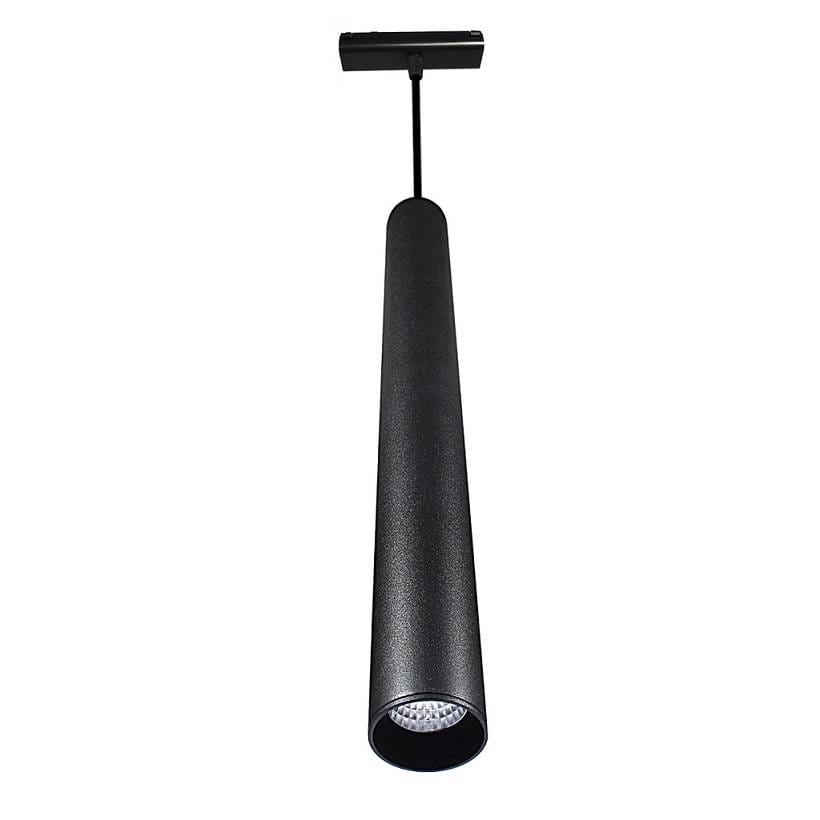 Lampa wisząca LED SLIM 10W/3000K w kolorze czarnym, o cylindrycznym kształcie, zamontowana na szynie magnetycznej. Ujęcie z dołu, ukazujące detale klosza z przezroczystym wnętrzem, emitującego ciepłe światło.