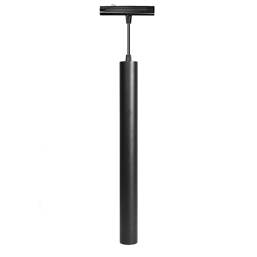 Lampa wisząca LED do szyny magnetycznej SLIM 10W/4000K w kolorze czarnym. Prosta, cylindryczna forma z metalowym wykończeniem. Umożliwia łatwe zamocowanie na szynie. Widok frontalny, produkt w pozycji wiszącej.