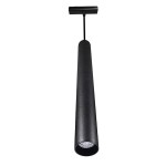 Lampa wisząca LED do szyny magnetycznej SLIM 10W/4000K w kolorze czarnym, o cylindrycznym kształcie. Ujęcie z dołu, pokazujące gładką fakturę i wbudowane źródło światła. Produkt zamontowany na suficie, idealny do nowoczesnych wnętrz.