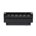Lampa LED liniowa kierunkowa SLIM 6W/3000K w kolorze czarnym, z sześcioma żarówkami w przedniej części. Ujęcie frontalne, produkt z widocznym uchwytem do montażu na szynie magnetycznej, matowe wykończenie obudowy.