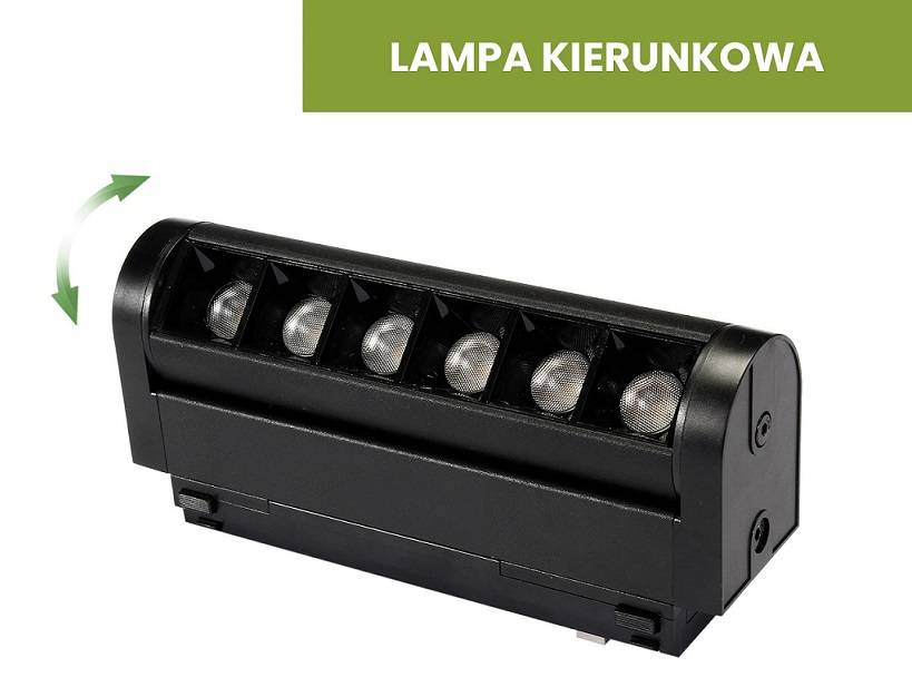 Lampa LED liniowa kierunkowa SLIM 6W/3000K w kolorze czarnym, z pięcioma diodami, umieszczona na szynie magnetycznej. Ujęcie z boku, pokazujące możliwość regulacji kąta świecenia. Prosta konstrukcja, idealna do oświetlenia wybranych miejsc.