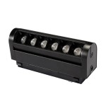 Lampa LED liniowa kierunkowa SLIM 6W/4000K w kolorze czarnym, z sześcioma diodami LED umieszczonymi w prostokątnej obudowie, widok z boku, zamontowana na szynie magnetycznej. Wykonana z matowego tworzywa, z wyraźnymi otworami na diody.