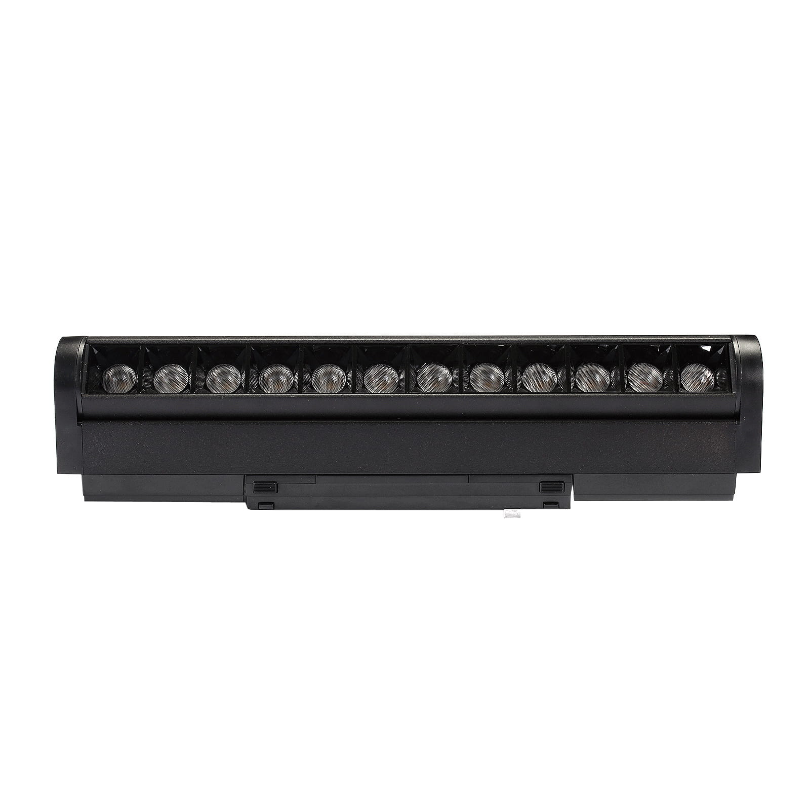 Lampa LED liniowa kierunkowa SLIM 12W/3000K w kolorze czarnym, o prostokątnym kształcie, z widocznymi diodami LED. Ujęcie frontalne, produkt zamontowany na szynie magnetycznej, z gładką, matową powierzchnią.