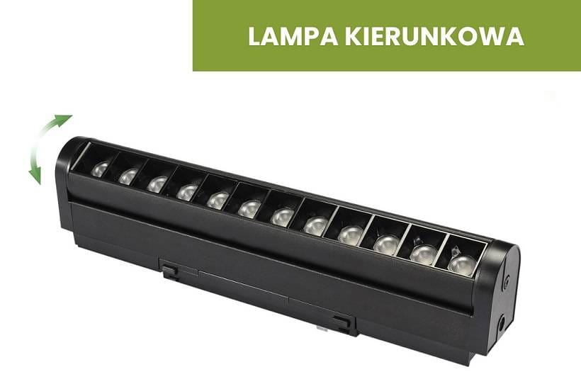 Lampa LED liniowa kierunkowa SLIM 12W/4000K w kolorze czarnym, o prostokątnym kształcie, z widocznymi diodami LED. Ujęcie z boku, z możliwością regulacji kąta. Produkt przeznaczony do montażu na szynie magnetycznej. Tło jednolite.