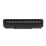 Lampa LED liniowa kierunkowa SLIM 12W/4000K w kolorze czarnym, o prostokątnym kształcie, z widocznymi diodami LED umieszczonymi w regularnych odstępach. Ujęcie frontalne, produkt przeznaczony do montażu na szynie magnetycznej.