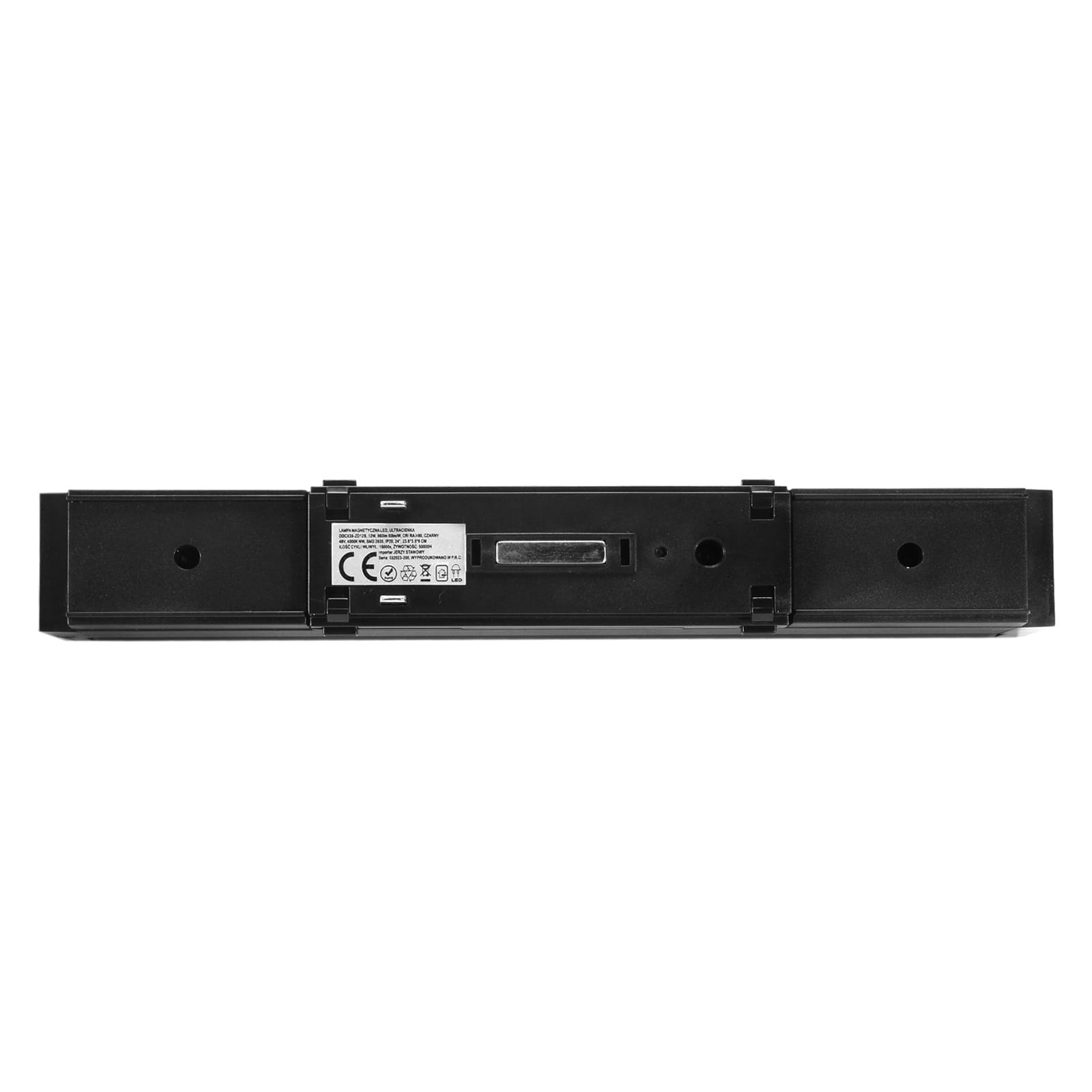 Lampa LED liniowa kierunkowa SLIM 12W/4000K w kolorze czarnym, widoczna z góry. Posiada dwa otwory do montażu oraz widoczny napis z informacjami technicznymi na obudowie. Prosta, minimalistyczna konstrukcja.